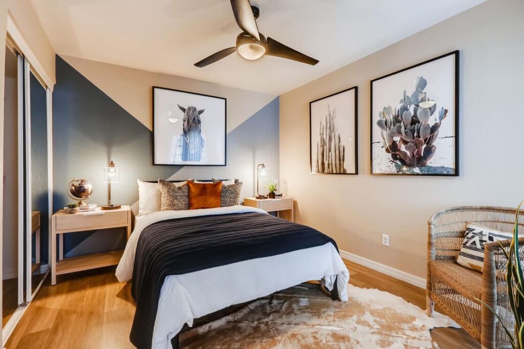 staged bedroom with ceiling fan a blue accent wall