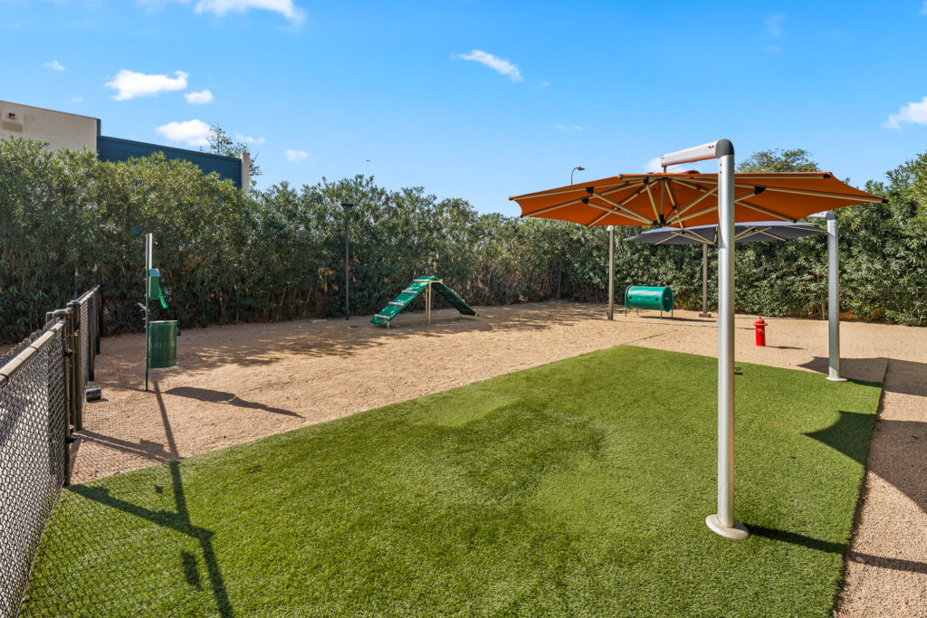 A fenced dog park with a green turf area, agility ramp, waste bins, red fire hydrant, shaded structure, and tan gravel surrounded by tall bushes under a clear blue sky.